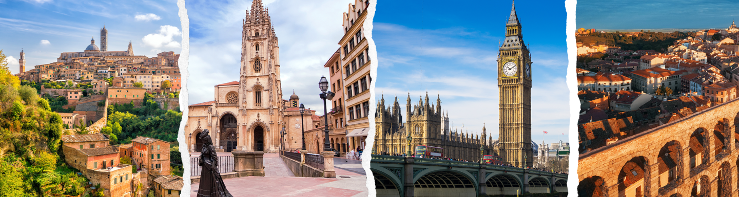 Combination of four total photos showcasing an architectural landmark in Segovia, Siena, Oviedo, and London. 