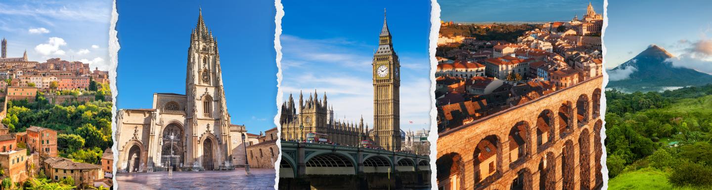 Combination of four total photos showcasing an architectural landmark in Segovia, Siena, Oviedo, London, and Costa Rica..