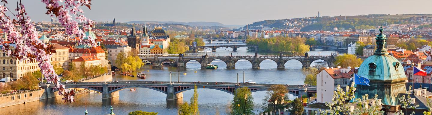 Historic buildings on the shore of a river, two bridges spanning river visible