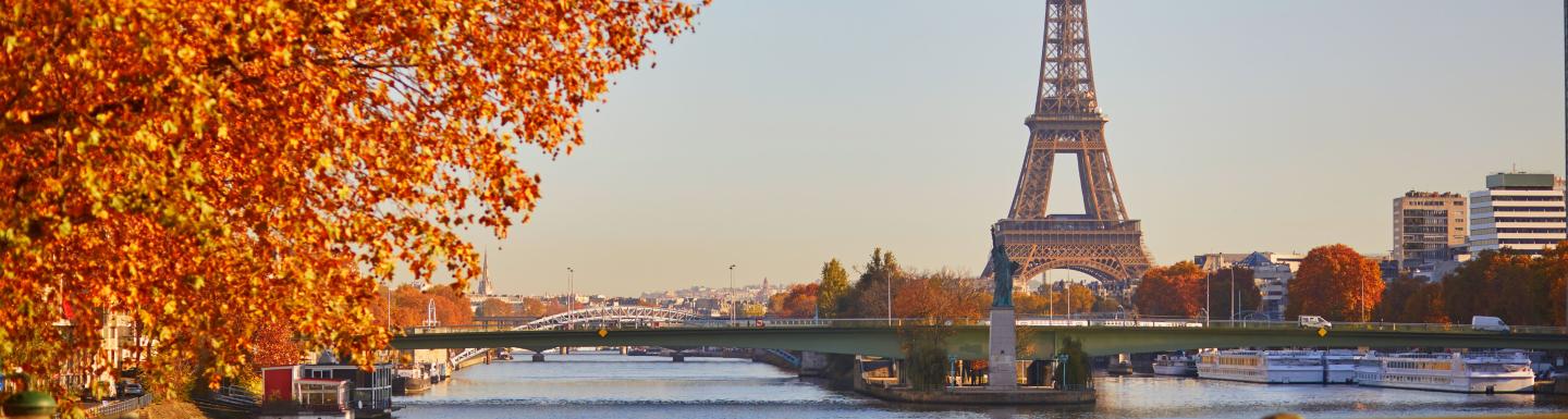 Tower in background with river, bridge, and tree with orange leaves in foreground