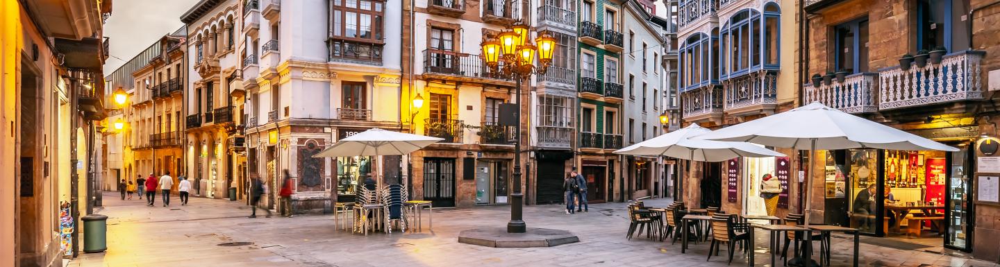 The illuminated old town of Oviedo in the evening, Asturias, Spain