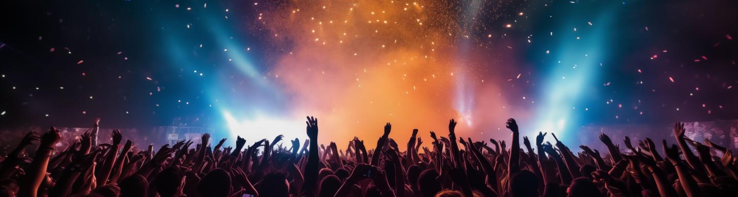 A group of people at a concert with blue and orange smoke