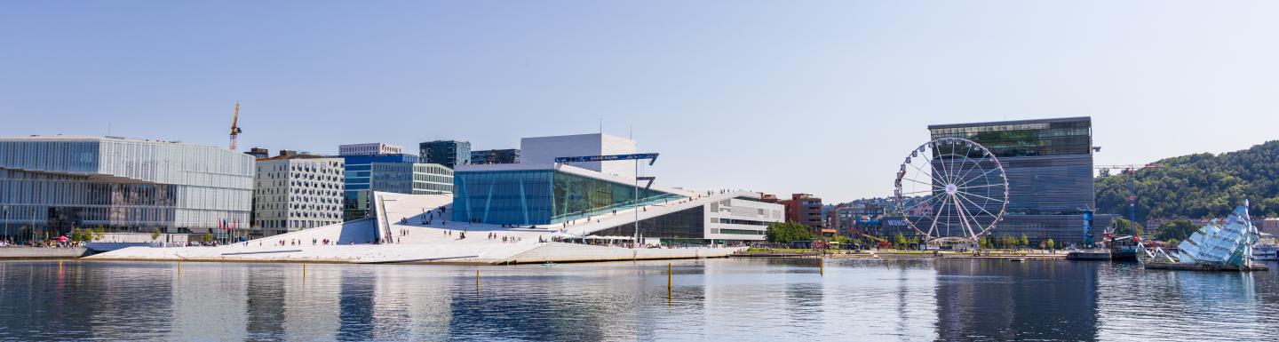 Opera House and the Munch museum along the Oslo Fjord in the Bjørvika area of the center of Oslo