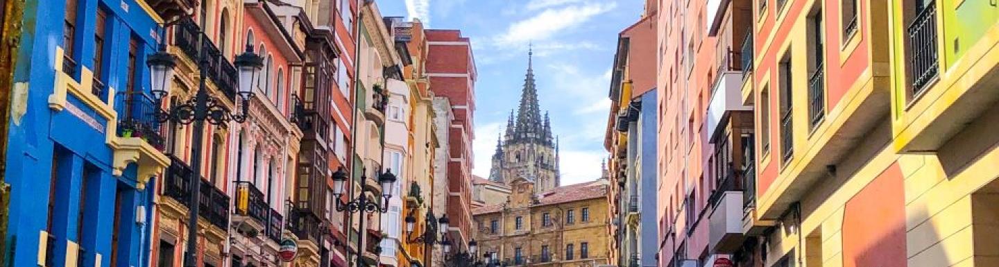 View of an Oviedo street with colorful buildings and Oviedo Cathedral 