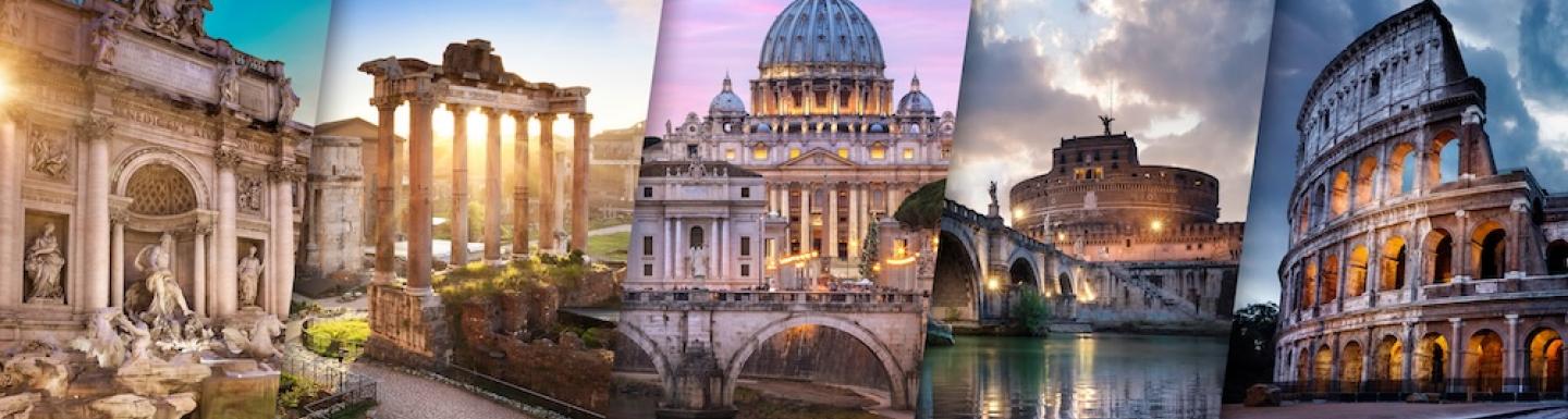 Collage of famous landmarks in Rome including the trevi fountain, roman colosseum