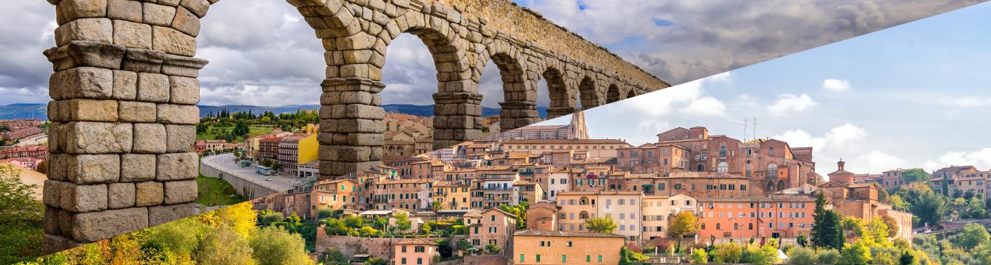 The Segovia Aquaduct in the top left, with Siena buildings on the bottom right
