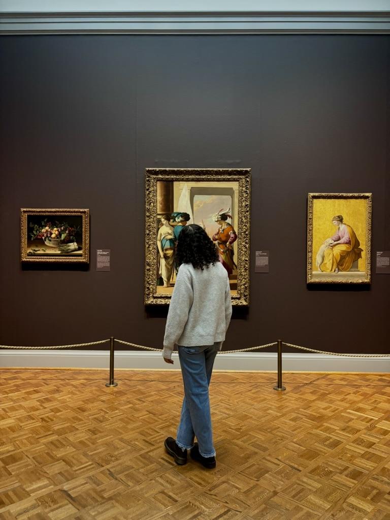 An individual viewing classic paintings in an art gallery, featuring a prominent, detailed artwork of a mythological scene on the center wall.