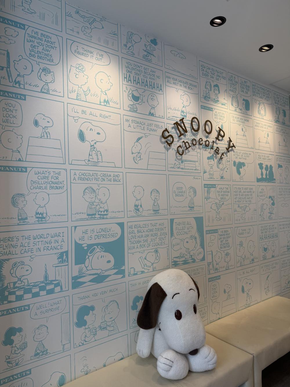 A snoopy the dog themed chocolate shop