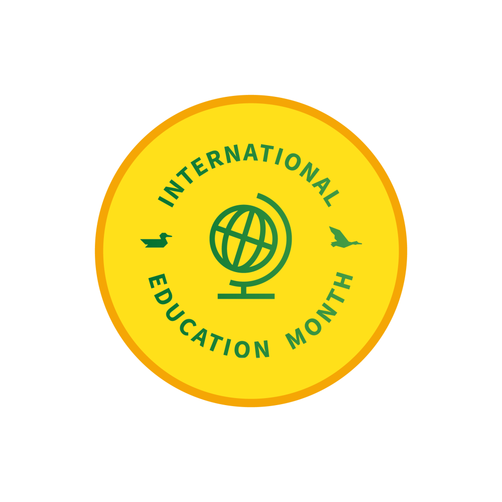 International Education Month logo with globe in the middle