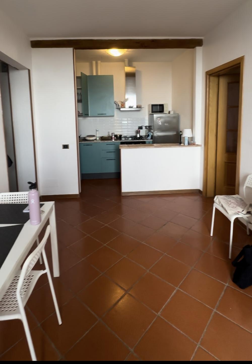 Small kitchen with blue-grey cabinets in an apartment with light brown tiles 