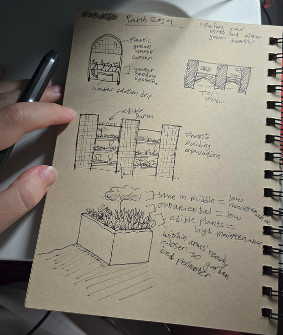 A brown sketchpad filled with drawings and notes