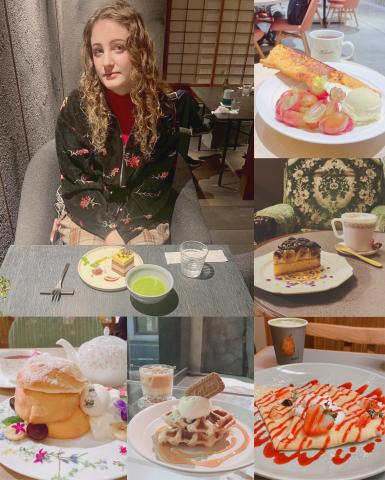 photo collage with bright-colored food and Elizabeth in a black cardigan