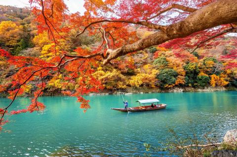 person rowing a boat on a blue lake with fall leaves in the background
