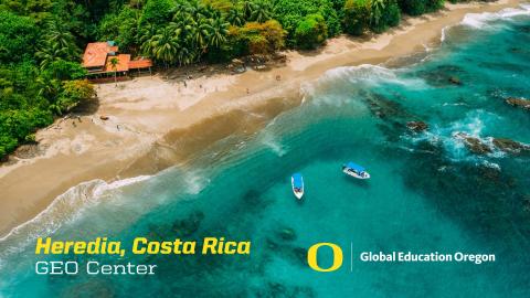 Aerial view of a beach in Costa Rica with the words "Heredia, Costa Rica GEO Center" on the bottom left
