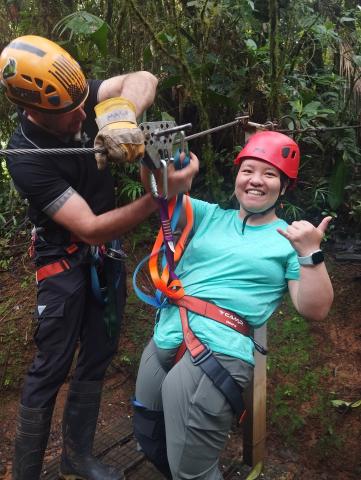 student ziplining in costa rica