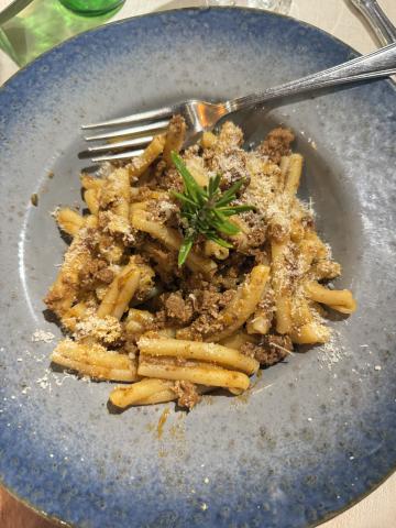 Pasta on a blue plate with a sprig of basil on top