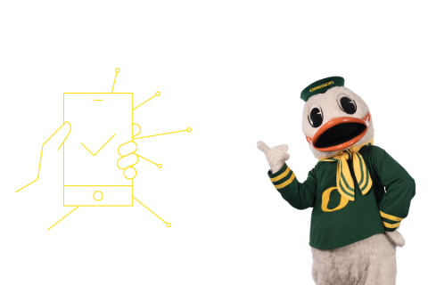 the Oregon Duck mascot pointing to health related icons popping out of a phone icon