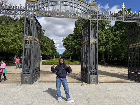 Ariel posing in front of Parque de Madrid