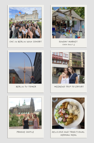 A collage of six photos, including people posing with various scenes of Germany behind them and German food dishes