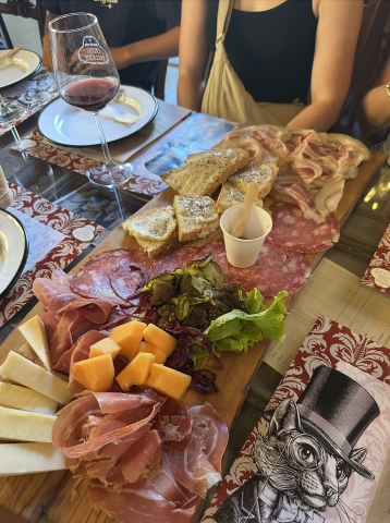 Plate of food with various meats, cheese, and fruit