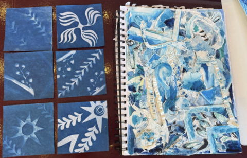 two pages of a art sketchbook with blue abstract works