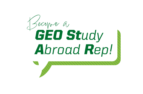 Speech bubble icon with text "Become a GEO Study Abroad Rep!"