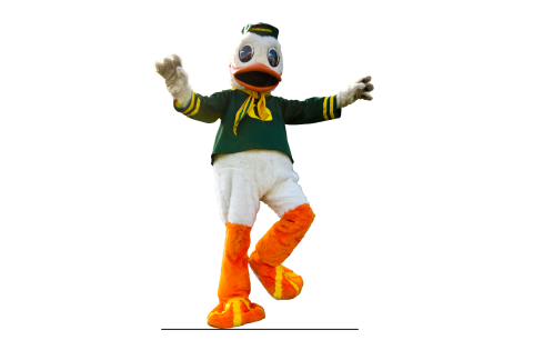 Oregon Duck mascot posing with its arms out wide imitating a flying bird