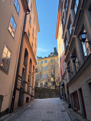 Streetview of Stockholm, Sweden with colorful buildings and a cobblestone road.