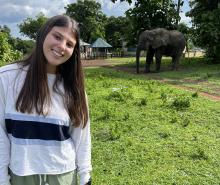 A young woman stands near an elephant