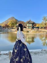 Young women looking at a temple in South Korea wearing a traditional dress. 