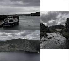 Three photos of various Irish landscapes in gray and green
