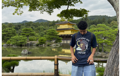 A young man stands in front of a Japanese temple