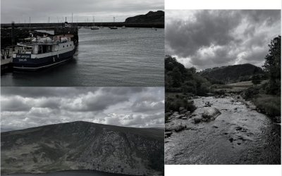Three photos of various Irish landscapes in gray and green
