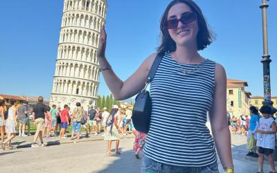 Morgan stand in front of the Leaning Tower of Pisa