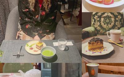 Elizabeth at a cafe and a collage of various, brightly-colored food