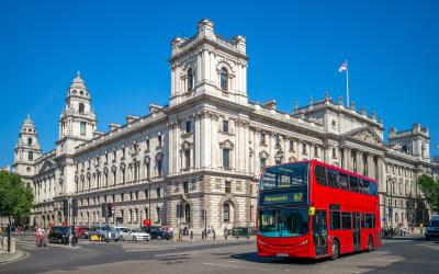 street view of London with double decker bus