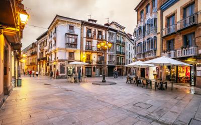 The illuminated old town of Oviedo in the evening, Asturias, Spain