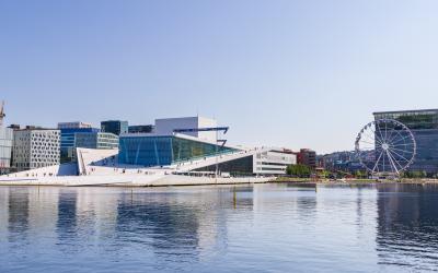 Opera House and the Munch museum along the Oslo Fjord in the Bjørvika area of the center of Oslo